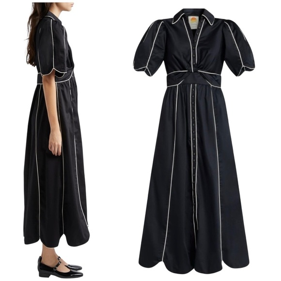 Farm Rio Contrasting-Trim Puff Short Sleeve Button Down Midi Dress Small NEW - Picture 5 of 16